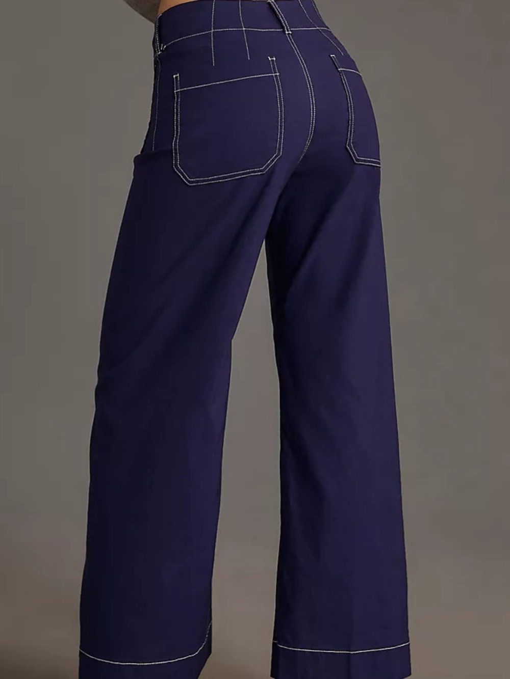 Maeve Wide Leg Flare “The Collette” Mid Rise Jeans in Navy contrast stitching - Picture 3 of 7